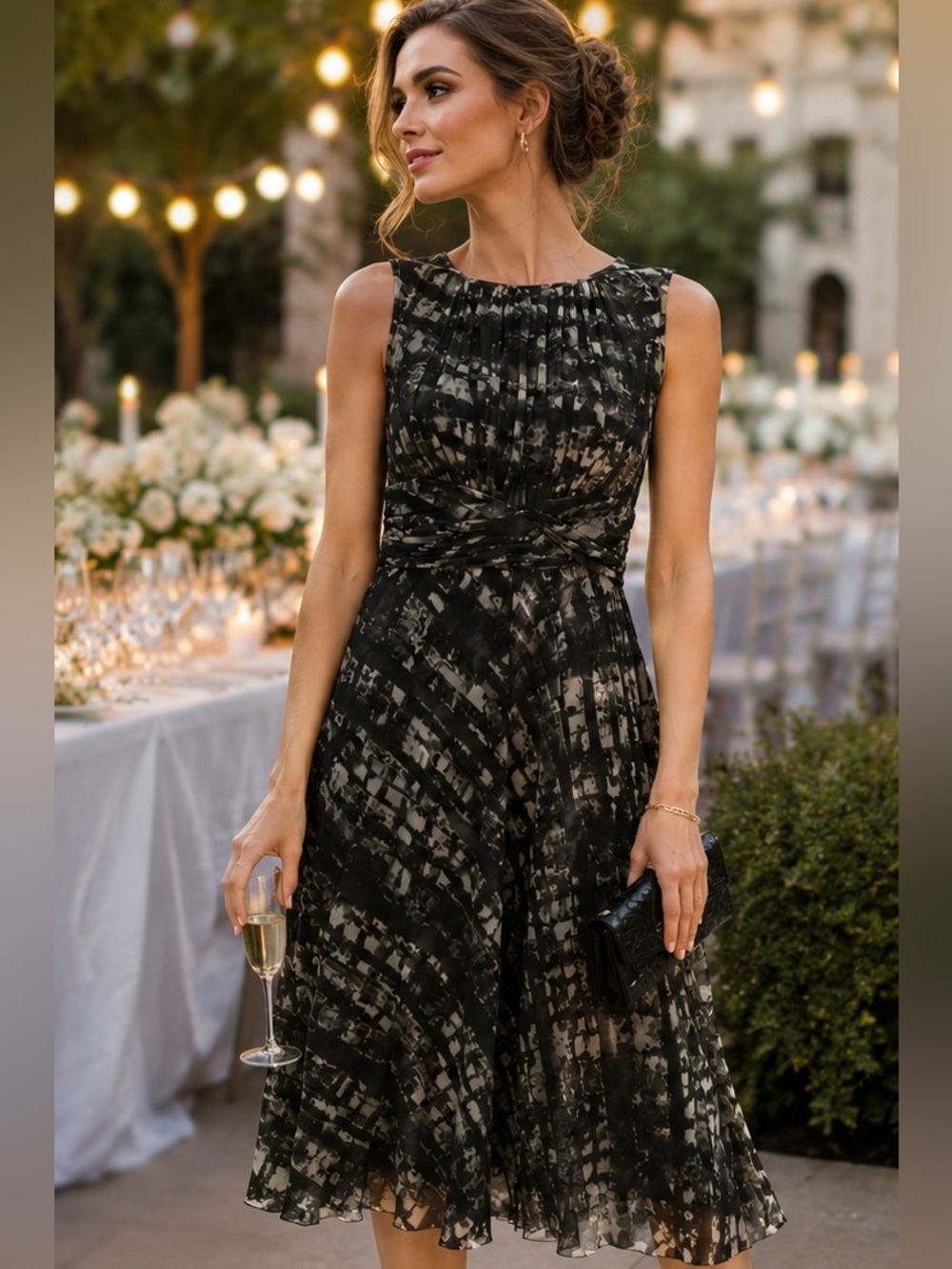 Coldwater Creek Black Patterned Sleeveless Midi Dress